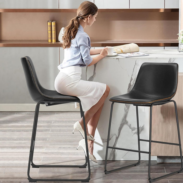 Bar Stools Set of 2, Faux Leather Barstools with Metal Legs | Counter Height 30 Inch Design, Armless with Back, Comfortable, Modern Finish, Kitchen Island, Black