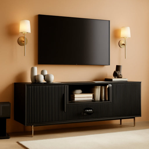 Modern Fluted TV Stand for 55/60/65 Inch TV, 57" Entertainment Center Media Console Table with Drawer & Storage Cabinets, Ribbed Design TV Cabinet Credenza for Living Room, Black