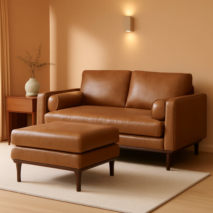 Morrison Mid-Century Modern 72 Inch Wide Sofa with Ottoman Set in Sienna Genuine Leather for the Living Room and Family Room