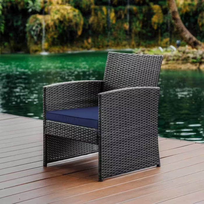 3-Piece Gray Patio Outdoor Furniture Wicker Conversation Set with Navy Cushions