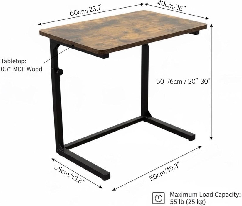 Height Adjustable C-Shaped Sofa Side Table, Laptop Table for Couch & Bed, Rustic Brown