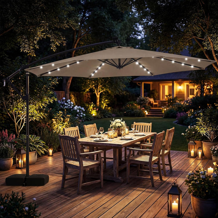 10Ft Solar Patio Umbrella with Base Included, Offset Cantilever Outdoor Umbrella with 32 LED Lights, 360 Degree Rotation, Crank Handle for Pool Deck Garden Backyard (Tan)