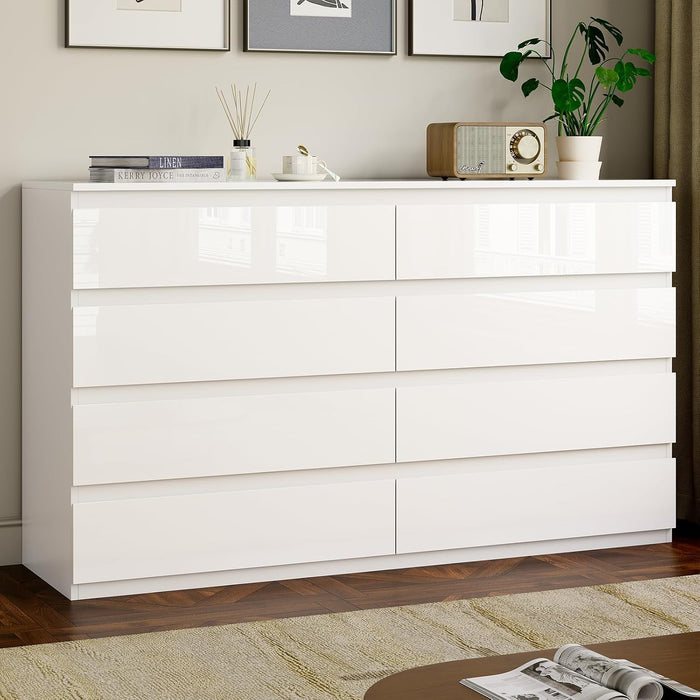 White Wood Dresser for Bedroom with 8 Drawer 55" Wide