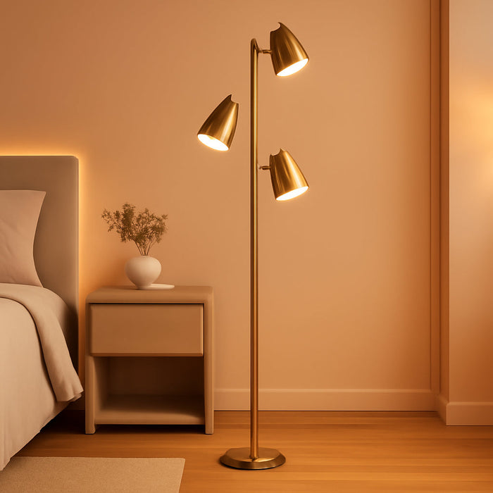 Tree Floor Lamp with 3 Light Bulbs, Standing Tall Pole Lamps for Living Room Bedroom Office, Reading Stand up Lamps with 3 Adjustable Arms, Brushed Gold