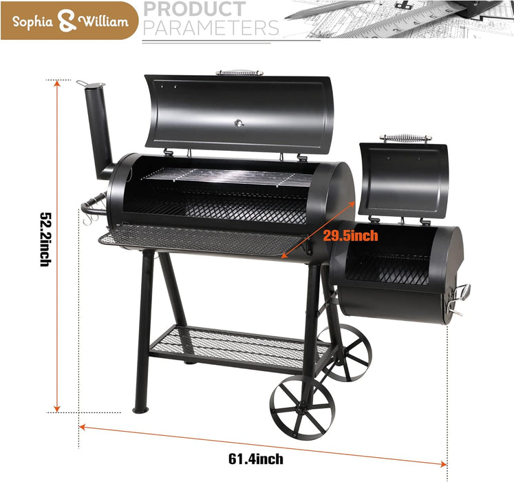 Heavy-Duty Charcoal Outdoor Smoker Grills, Extra Large Offset Smoker (941 SQ.IN. Cooking Area), Charcoal Grill & Smoker Combo for BBQ Patio Cooking