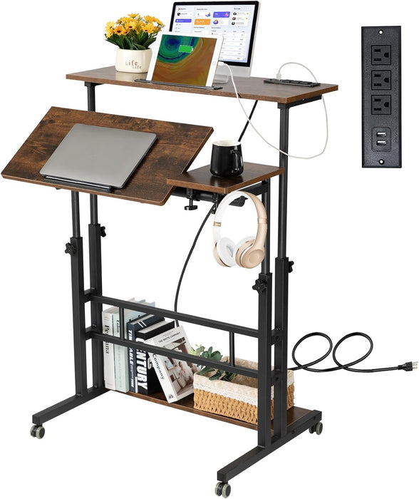 Mobile Standing Desk Adjustable Height, Rolling Desk Stand up Desk, Mobile Laptop Desk, Rolling Computer Desk with Charging Station, Portable Desk with Wheels, Rustic Brown