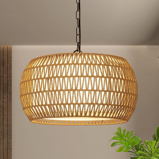 Rattan Farmhouse Chandelier Light Fixtures, 5-Lights Boho Large Pendant Light,Hand Woven Chandeliers for Dining Room with Fabric Shade,Rustic Chandeliers Hanging Light Fixtures for Kitchen Island