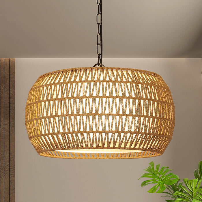 Rattan Farmhouse Chandelier Light Fixtures, 5-Lights Boho Large Pendant Light,Hand Woven Chandeliers for Dining Room with Fabric Shade,Rustic Chandeliers Hanging Light Fixtures for Kitchen Island