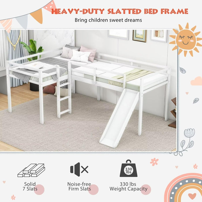 Wooden Twin Size Double Loft Bed with Slide and Ladder, L-Shaped Bed Frame with Full-Length Guardrail, Wood Bedframe for Kids Teens Adults Bedroom, 2 Twin Beds,White