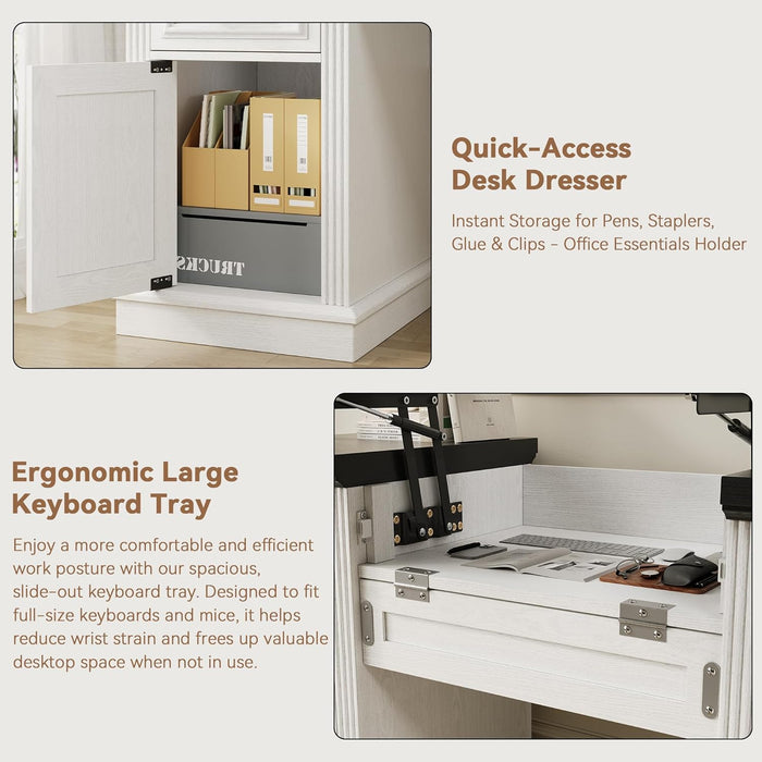 57" Lift Executive Desk with Drawers, Farmhouse Home Office Desk with File Cabinet Storage, Computer Desk with Charging Station & Headphone Hook for Work/Study/Writing (White & Black, Lift)