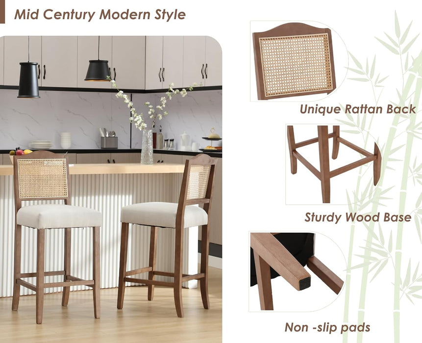 30 Inch Counter Height Stools Set of 2 Rattan Farmhouse Barstools Mid Century Modern Bar Chairs Upholstered Kitchen Bar Stools with Wood Legs for Island/Dining Room, Linen Beige