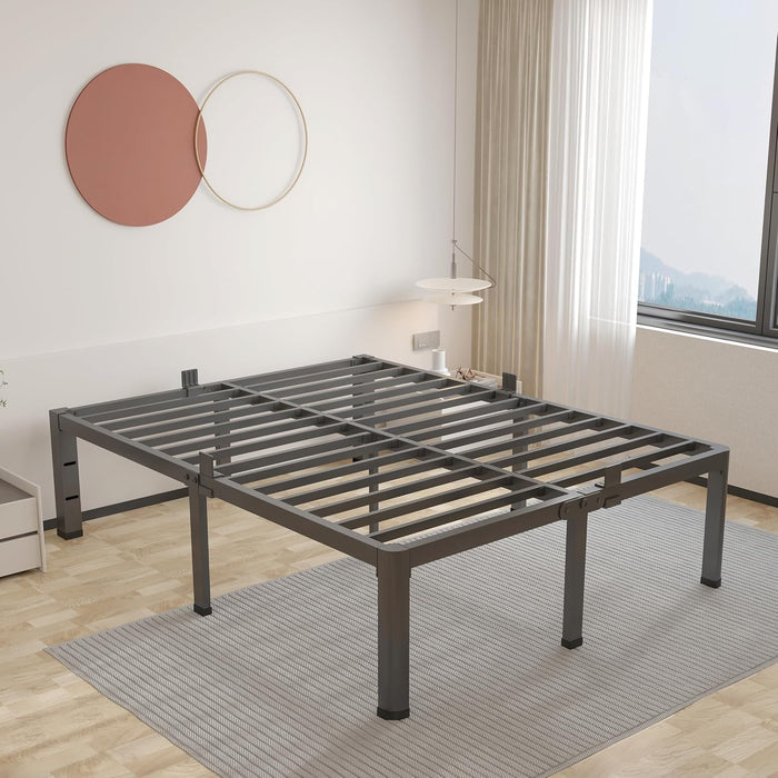 14 Inch King Size Bed Frame Metal Platform No Box Spring Needed with Headboard Hole round Corner Legs Mattress Stoppers Retainers 3500LBS Heavy Duty Steel Slats Noise-Free