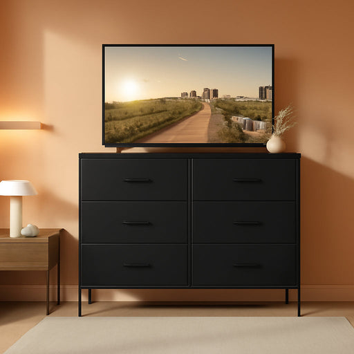 TV Stand for Living Room, Dresser for Bedroom Chest of Dresser with 6 Fabric Drawers Storage Organizers Units, Nightstand for Bed, Black