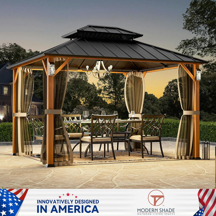 Modern Shade the Horizon Hard Top Gazebo 10' X 12' with 4 LED Lights, Permanent Hardtop Gazebo with Galvanized Steel Double Roof, Metal Gazebo with Decor Hooks, Mosquito Nettings for Patio, Wood Grain