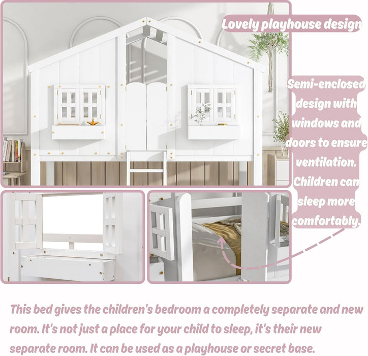 White SolidWood Playhouse BunkBed TwinOverTwin WithRoof Kids
