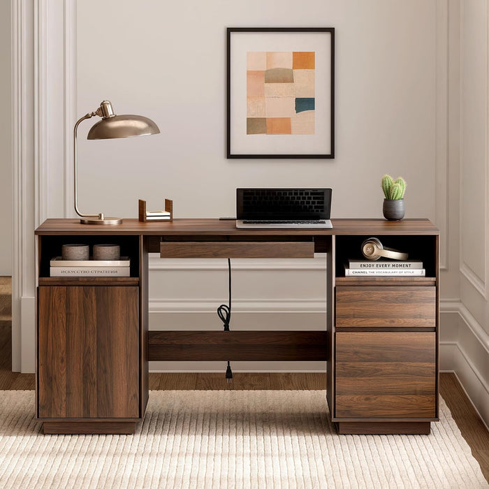 Farmhouse Executive Desk With Charging Station Brown