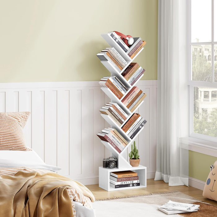 9 Tier Tree Bookshelf, Tall Bookcase with Drawer, Wood Book Shelf, Modern Floor Standing Bookshelves, Book Organizer Shelves for Bedroom, Living Room, Home Office, White
