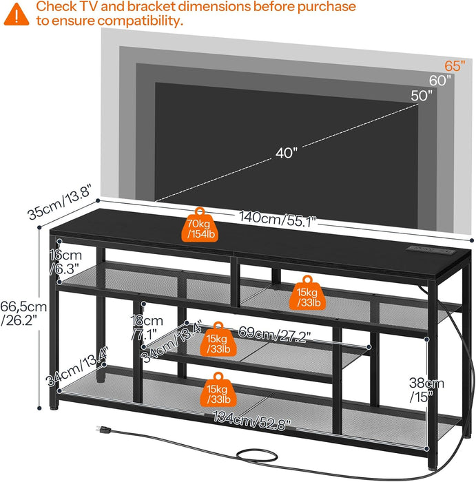 LED TV Stand with Charging Station, 4-Tier Entertainment Gaming Center, Modern Media Console Table, Open Shelves, 55.1"L X 13.8"W X 26.2"H, for Tvs up to 65", for Living Room, Black BB47UDDS01