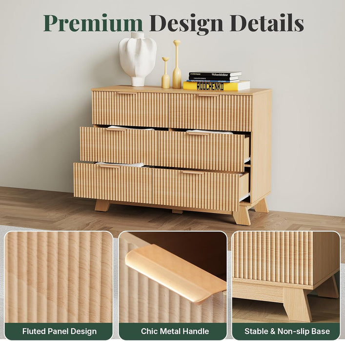 6 Drawer Dresser for Bedroom, Fluted 39.4" Wide Chest of Drawers