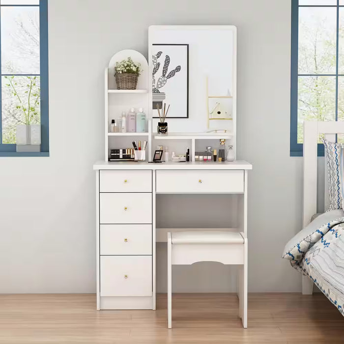 5-Drawers White Makeup Vanity Table Wooden Dressing Desk with Mirror and 3-Tier Storage Shelves 55.1 X 31.5 X 15.7 In.