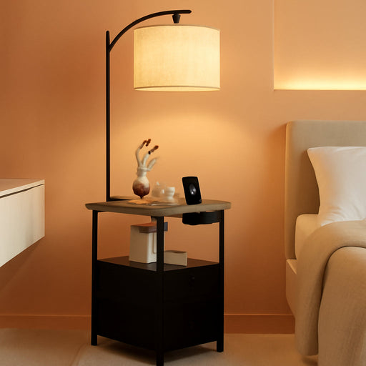 Floor Lamp with Table & 2 Drawers, End Table with 3 Color Temperature Reading Light, Side Table Lamp with USB & Type C & AC Charging Port for Living Room, Bedroom