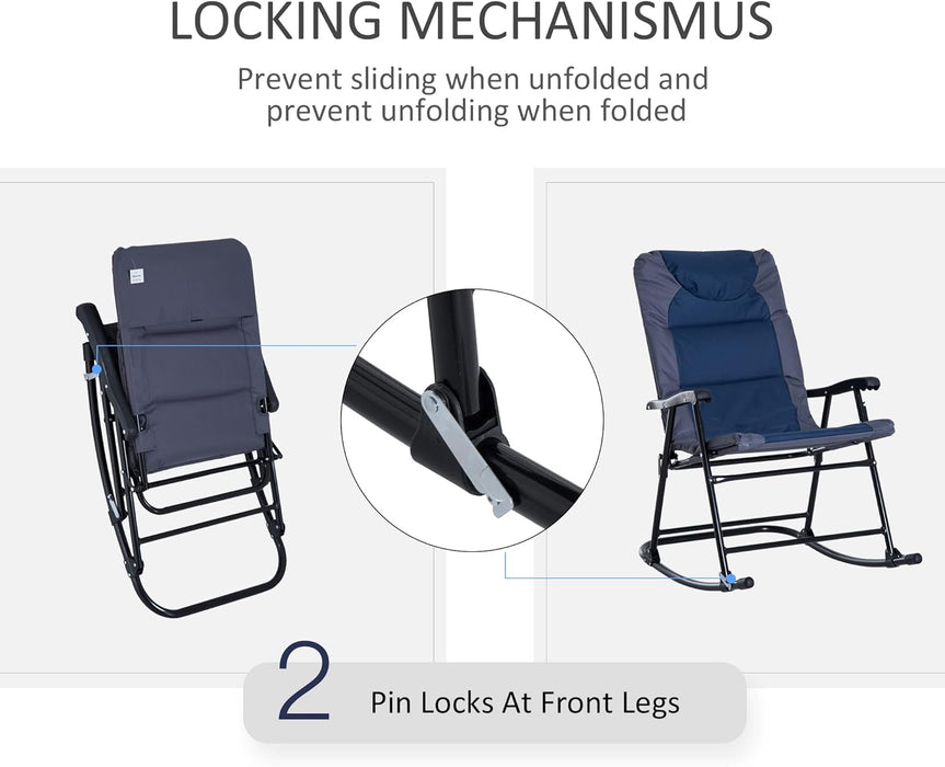 3 Piece Outdoor Patio Furniture Set with Glass Coffee Table & 2 Folding Padded Rocking Chairs, Bistro Style for Porch, Camping, Balcony, Navy Blue