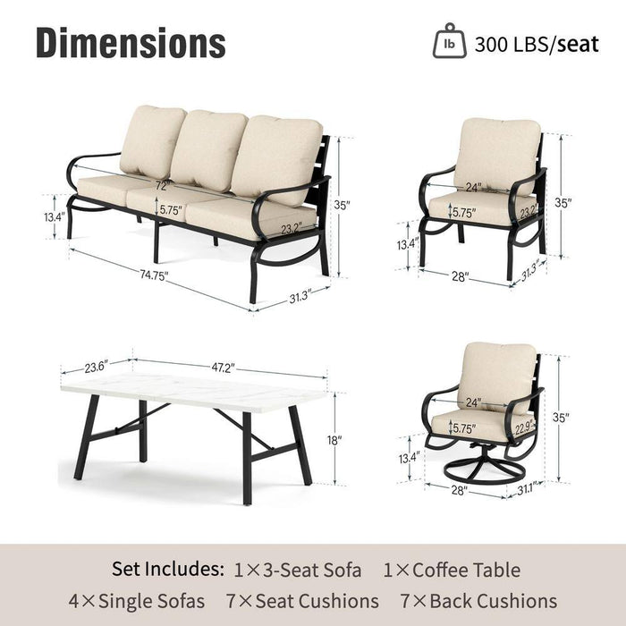 Metal Slatted 7-Seat 6-Piece Outdoor Patio Conversation Set with Beige Cushions, Table with Marble Pattern Top