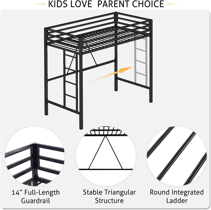 Loft Bed Twin Size with Ladder and Guardrail,Heavy Duty Metal Slats Support No Box Spring Needed Small Space Saving Furniture for Bedroom Dorm,Black