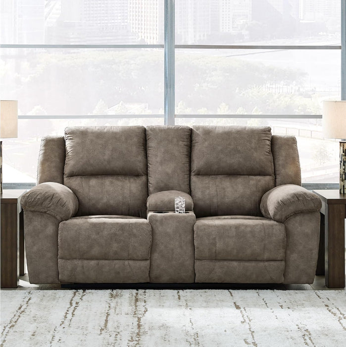 Laresview Contemporary Faux Leather Manual Double Reclining Loveseat with Console, Storage and Cup Holders, Gray