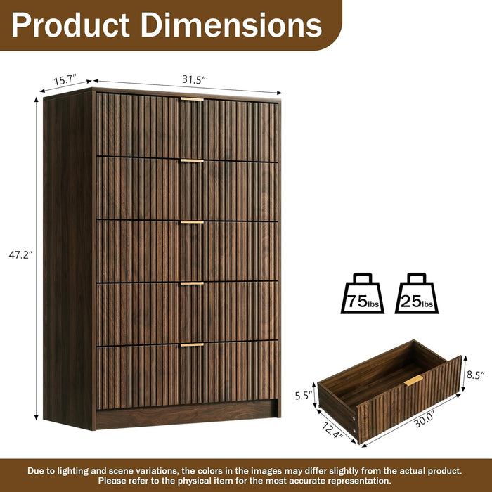 Walnut Dresser for Bedroom, Tall Dresser with 5 Drawers and Smooth Slides, Modern Chest of Drawers with Golden Handles for Bedroom, Living Room, Closet, 15.7" D X 31.5" W X 47.2" H