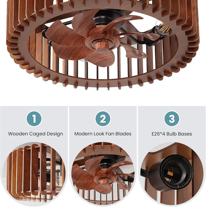 20'' Flush Mount Caged Ceiling Fan with Light, Wooden Low Profile Ceiling Fan with Light and Remote, 6 Speed and Reversible, Farmhouse Bladeless Fan Lights for Bedroom, Kitchen