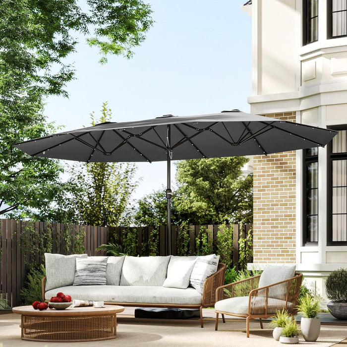 14.4Ft Large Patio Umbrella with 36 Solar LED Lights, Double Sided Outdoor Umbrella with Base Included