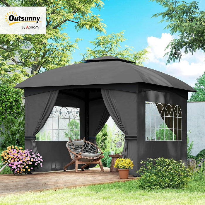 11' X 11' Outdoor Gazebo Arc Patio Gazebo Canopy Shelter with UV Protection, Curtains, Church Windows, Double Roof, Galvanized Steel Frame for Lawn, Backyard and Deck, Dark Gray