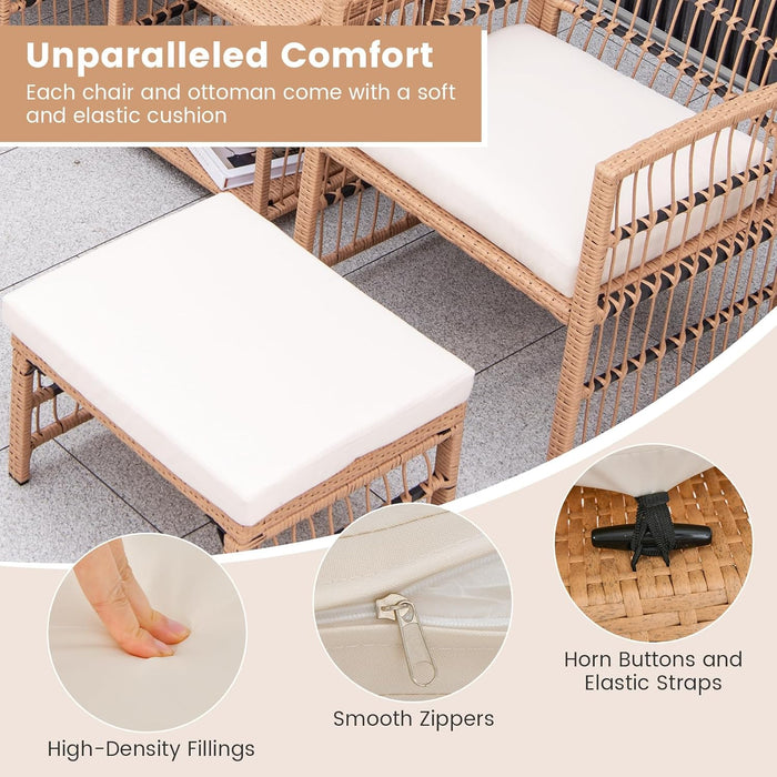 5 Piece Patio Wicker Sofa Set, Outdoor Rattan Conversation Set with Seat Cushions, 2-Tier Coffee Table & 2 Ottomans, Wicker Sofa Set for Backyard, Poolside (Natural)