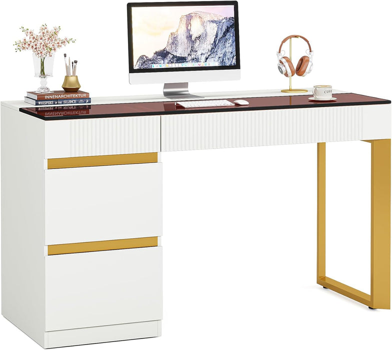Computer Desk with 4 Drawers, 47 Inch Modern Home Office Desk with Glass Top, White and Gold Writing Workstation Desk with Storage, Makeup Vanity Table for Living Room, Bedroom