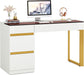 Computer Desk with 4 Drawers, 47 Inch Modern Home Office Desk with Glass Top, White and Gold Writing Workstation Desk with Storage, Makeup Vanity Table for Living Room, Bedroom