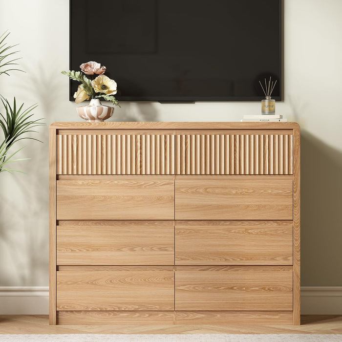Oak Fluted 8 Drawer Dresser for Bedroom, Curved Edge, 50" Wide
