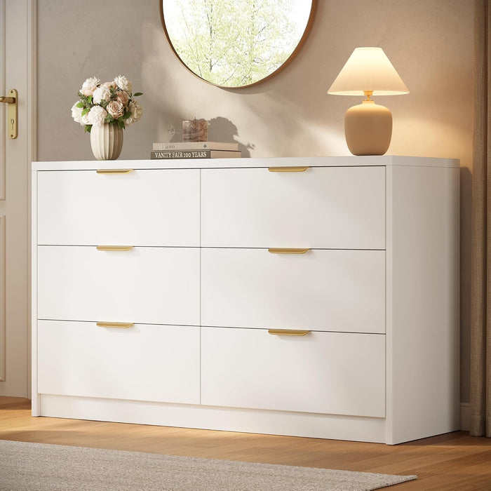 53" Wide 6 Drawer Dresser for Bedroom, Modern Simple Wood Dresser Chest of Drawers Closet Store Organizer for Living Room, Hallway (White, 15.4" D X 53.1" W X 30.9" H (6 Drawers))