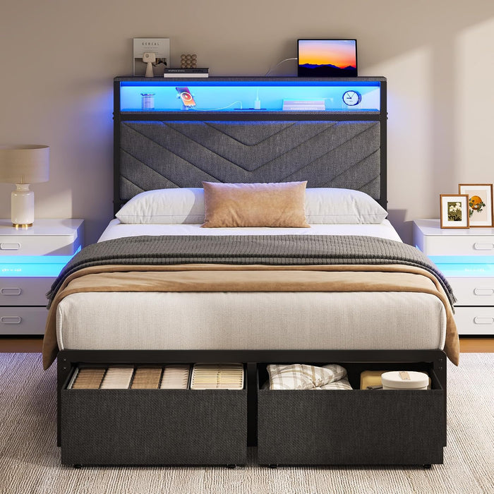 Twin Bed Frame with Storage Drawers, Upholstered Headboard with Charging Station, LED Lights, Fabric Drawers with Wheels, under Bed Storage, No Box Spring Needed, Easy Assembly, Grey