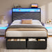 Twin Bed Frame with Storage Drawers, Upholstered Headboard with Charging Station, LED Lights, Fabric Drawers with Wheels, under Bed Storage, No Box Spring Needed, Easy Assembly, Grey