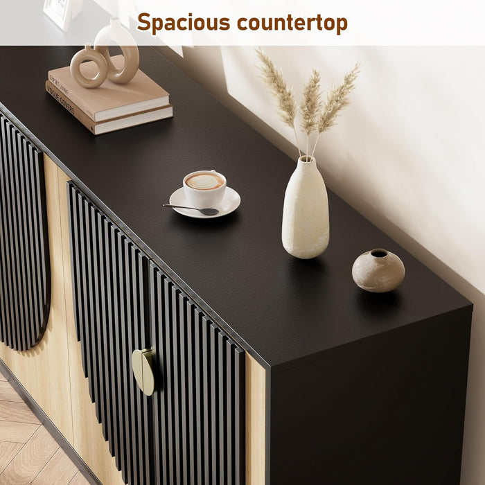 63 Inch Fluted Buffet Cabinet with Storage, Symmetrical Arc Accent Sideboard Large Console Table for Living Room,Dining Room or Kitchen(Camel/Black)