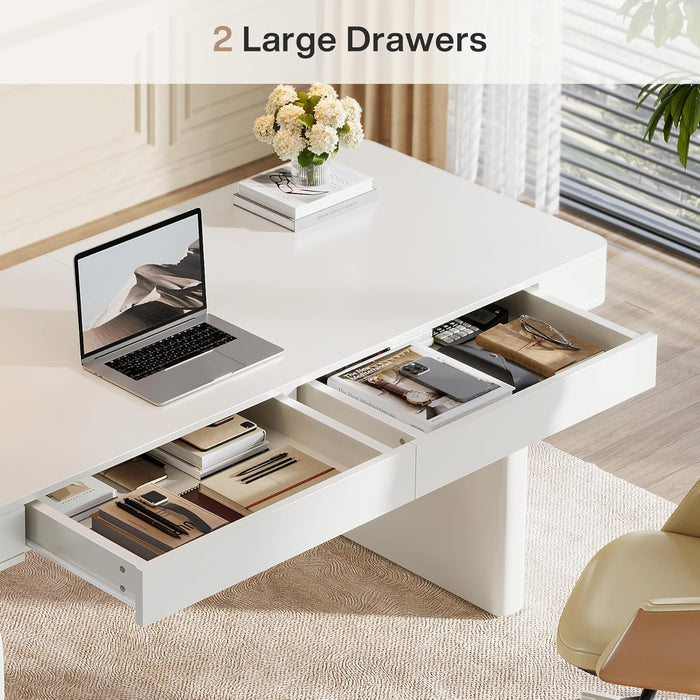 White Desk with Drawers, 63-Inch Modern Executive Office Desk, Glossy Elegant Work Study Writing Table for Home Office, Cream White