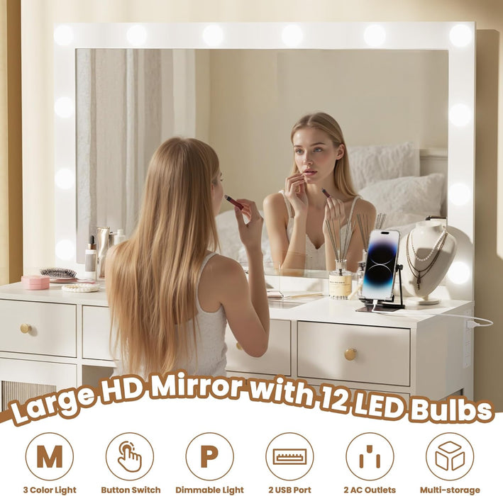 Makeup Vanity Desk with Mirror and Lights for Bedroom,White Vanity with Glass Top,Power Outlet,3 Drawers & 2 Acrylic Cabinets,3 Light Modes & Adjustable Brightness,Dressing Table for Women & Girls