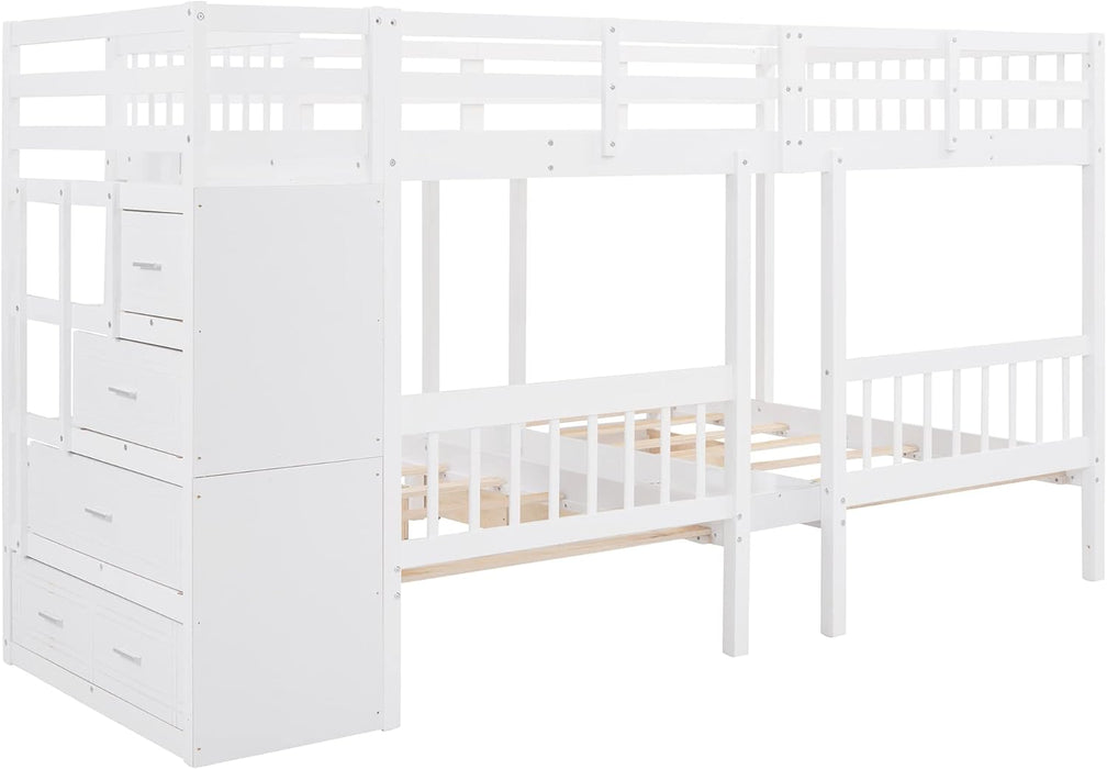 Triple Bunk Beds with Drawers, Wood Full over Twin & Twin Bunk Bed with Storage Staircase, Triple Bed for Kids,3 Bed Bunk Beds with Storage for Girls Boys,White