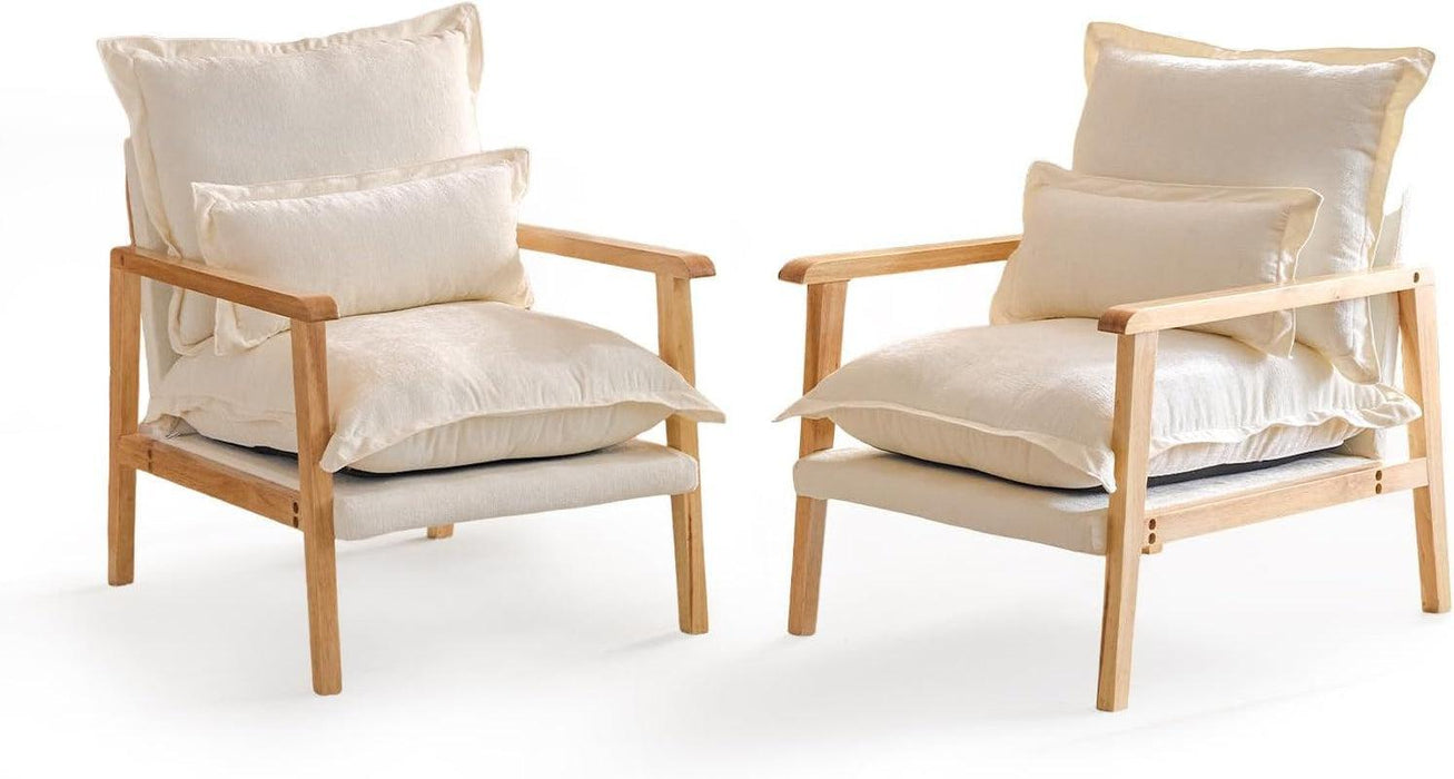 Mid-Century Modern Cloud Accent Armchairs Set of 2 with Lumbar Pillow, 6.3'' Thick Seat Cushion Reading Chairs with Wooden Armrests, Boho Lounge Chair for Bedroom, Living Room, Chenille, Beige