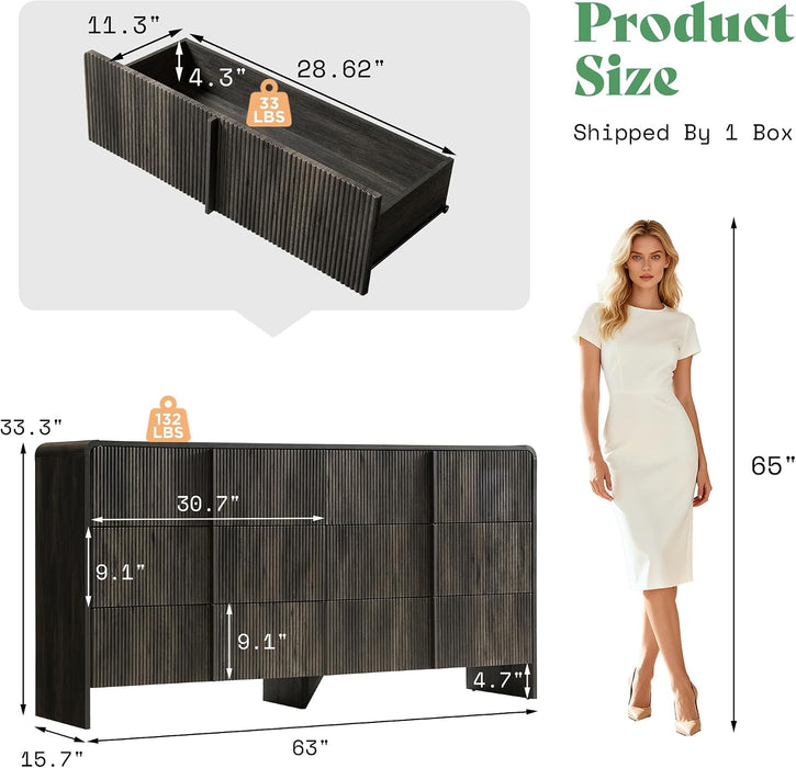 Fluted 6 Drawer Dresser 63" Long with Pine Handles, Black