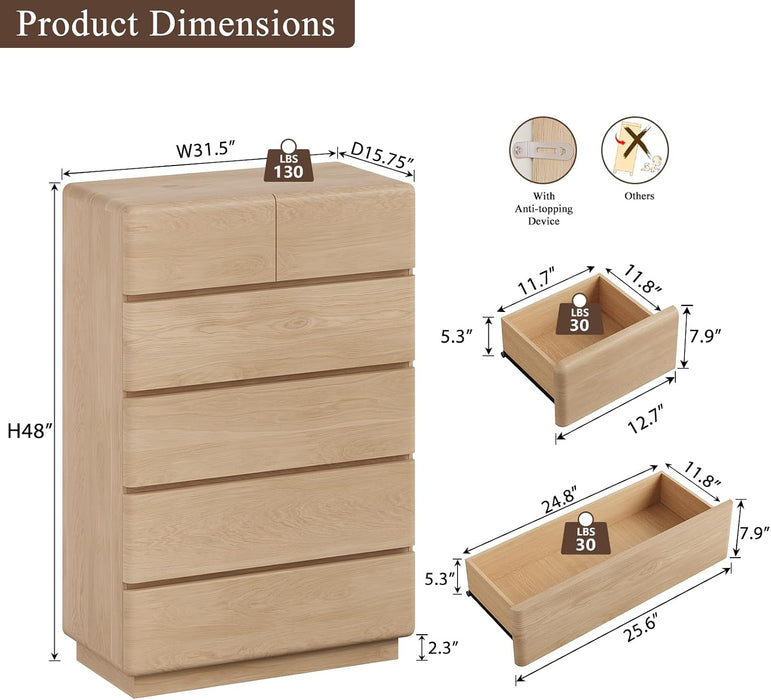 Natural Oak 6 Drawer Dresser for Bedroom, 48" Tall Chest of Drawers