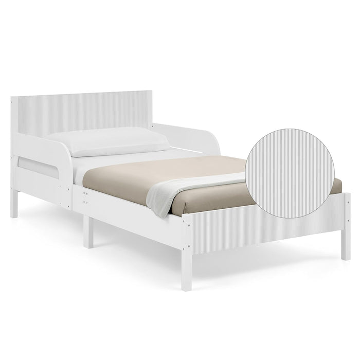 Cora Wood Twin Bed with Removable Guardrails - Wood Twin Bed with Slats Supports for Girls & Boys Teens, No Box Spring Needed, White Oxford Stripes