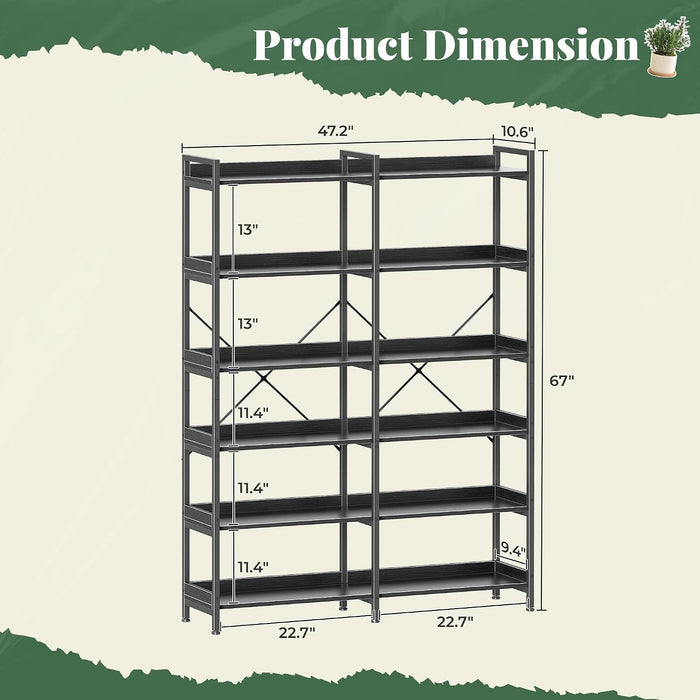 6 Tier Bookshelf with 12 Open Shelves and Raised Baffle, Black