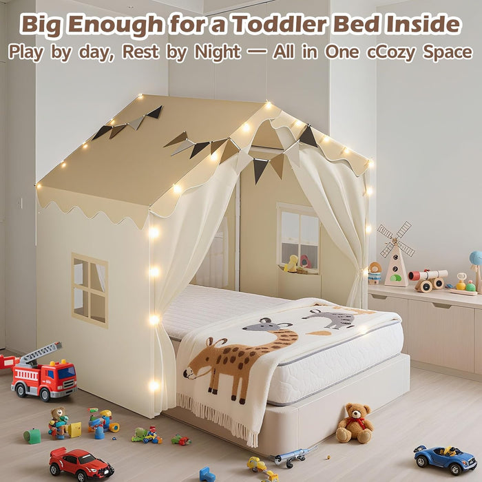 2-In-1 Kids Tent,Large Play Tent with Padded Mat and Lights,Kids Playhouse with 2 Doors & 4 Windows,2 Large Side Pockets,Indoor Outdoor Kid Play Tent for Toddlers,53" X40" X 51"